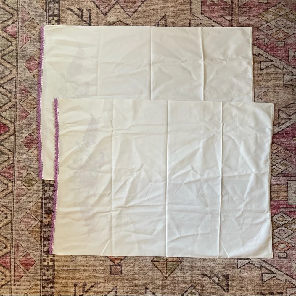 Hand Embroidered Cottagecore Floral Lace Trim Pillowcase Set